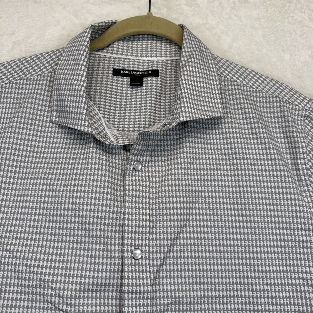 Karl Lagerfeld Paris Shirt Men's M Gray Houndstooth Pearl Snap Short Sleeve